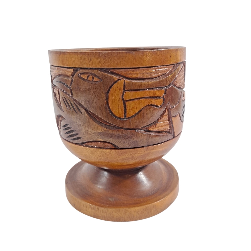 Vintage Hand Carved Turned Wooden Pedestal Bowl Bird Floral 6.5"